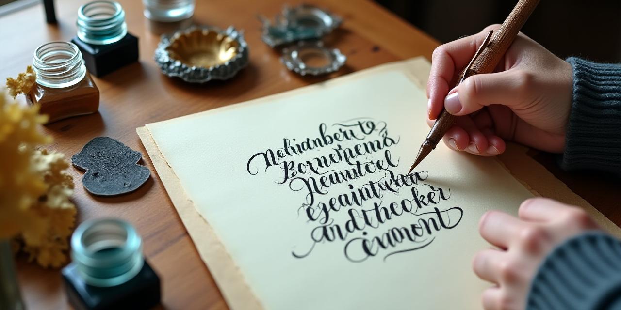 Calligrapher working on a custom invitation at a wooden desk